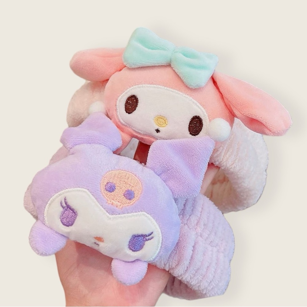 Kuromi & My Melody Sanrio Lot - 2 Plush Spa Hairbands Spa Makeup Headbands - NEW